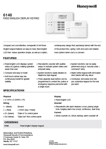 Honeywell 6148 Numeric Code Pad